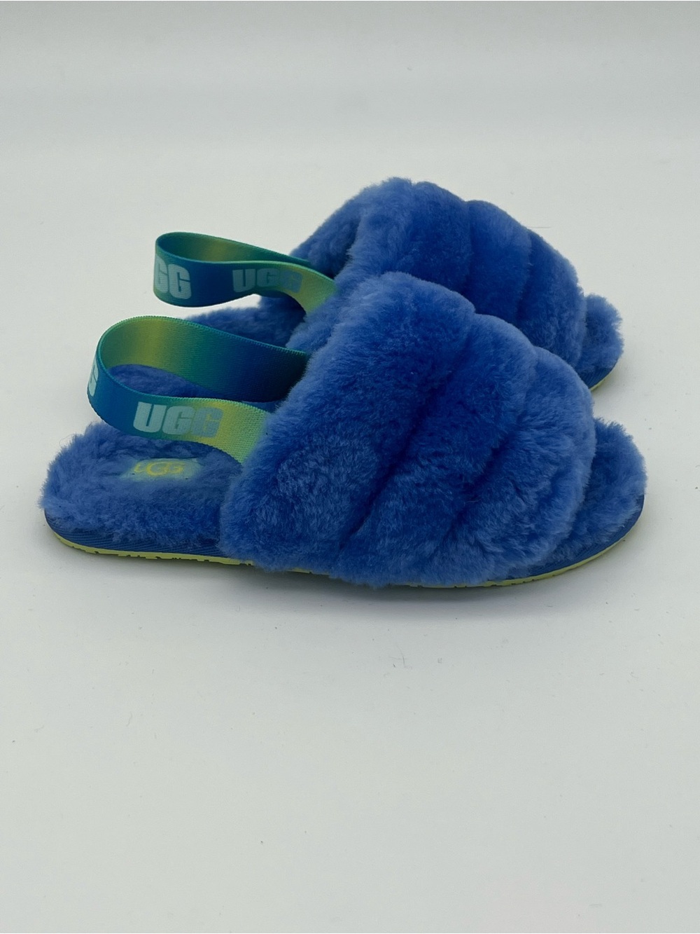 UGG kids size 12 fluff yea slippers blue sandals shearling fluffy slip on shoes